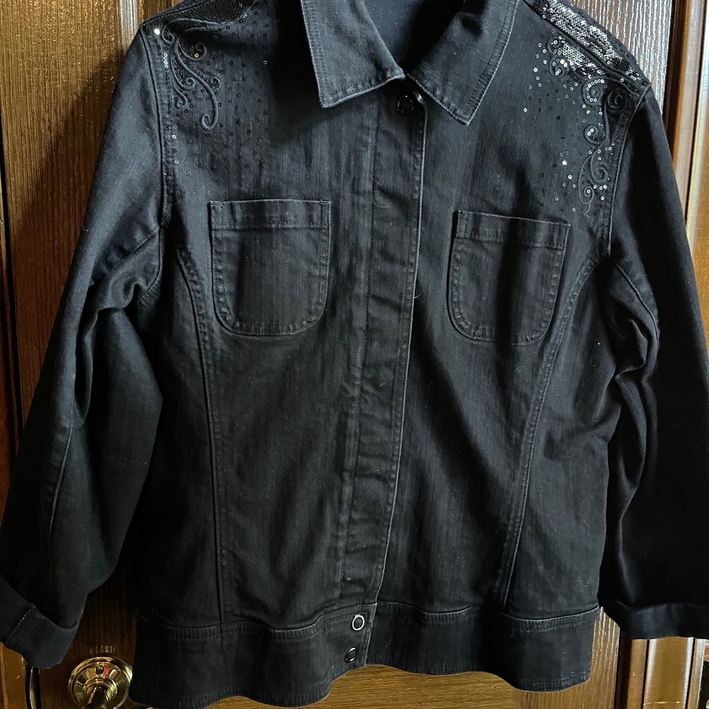 Black Denim Jacket with Sequin Trim